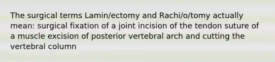 The surgical terms Lamin/ectomy and Rachi/o/tomy actually mean: surgical fixation of a joint incision of the tendon suture of a muscle excision of posterior vertebral arch and cutting the vertebral column