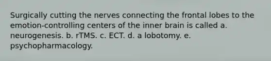 Surgically cutting the nerves connecting the frontal lobes to the emotion-controlling centers of the inner brain is called a. neurogenesis. b. rTMS. c. ECT. d. a lobotomy. e. psychopharmacology.