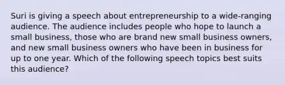 Suri is giving a speech about entrepreneurship to a wide-ranging audience. The audience includes people who hope to launch a small business, those who are brand new small business owners, and new small business owners who have been in business for up to one year. Which of the following speech topics best suits this audience?