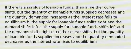 If there is a surplus of loanable funds, then a. neither curve shifts, but the quantity of loanable funds supplied decreases and the quantity demanded increases as the interest rate falls to equilibrium b. the supply for loanable funds shifts right and the demand shifts left c. the supply for loanable funds shifts left and the demands shifts right d. neither curve shifts, but the quantity of loanable funds supplied increases and the quantity demanded decreases as the interest rate rises to equilibrium