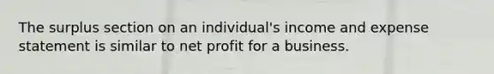 The surplus section on an individual's income and expense statement is similar to net profit for a business.