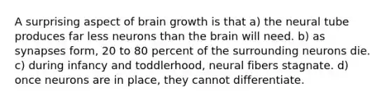 A surprising aspect of brain growth is that a) the neural tube produces far less neurons than the brain will need. b) as synapses form, 20 to 80 percent of the surrounding neurons die. c) during infancy and toddlerhood, neural fibers stagnate. d) once neurons are in place, they cannot differentiate.