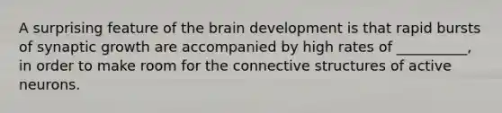 A surprising feature of the brain development is that rapid bursts of synaptic growth are accompanied by high rates of __________, in order to make room for the connective structures of active neurons.