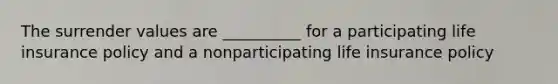 The surrender values are __________ for a participating life insurance policy and a nonparticipating life insurance policy
