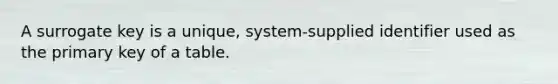 A surrogate key is a unique, system-supplied identifier used as the primary key of a table.