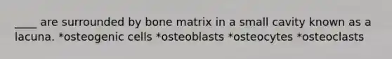 ____ are surrounded by bone matrix in a small cavity known as a lacuna. *osteogenic cells *osteoblasts *osteocytes *osteoclasts