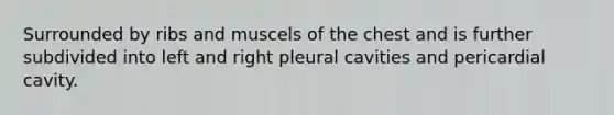 Surrounded by ribs and muscels of the chest and is further subdivided into left and right pleural cavities and pericardial cavity.