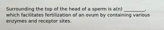 Surrounding the top of the head of a sperm is a(n) _________, which facilitates fertilization of an ovum by containing various enzymes and receptor sites.