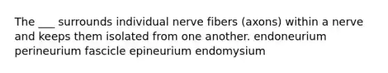 The ___ surrounds individual nerve fibers (axons) within a nerve and keeps them isolated from one another. endoneurium perineurium fascicle epineurium endomysium