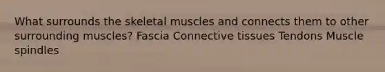 What surrounds the skeletal muscles and connects them to other surrounding muscles? Fascia Connective tissues Tendons Muscle spindles