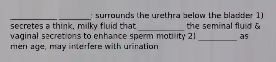 ____________ ________: surrounds the urethra below the bladder 1) secretes a think, milky fluid that ____________ the seminal fluid & vaginal secretions to enhance sperm motility 2) __________ as men age, may interfere with urination