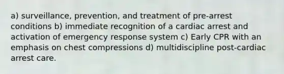 a) surveillance, prevention, and treatment of pre-arrest conditions b) immediate recognition of a cardiac arrest and activation of emergency response system c) Early CPR with an emphasis on chest compressions d) multidiscipline post-cardiac arrest care.