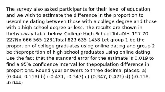 The survey also asked participants for their level of education, and we wish to estimate the difference in the proportion to useonline dating between those with a college degree and those with a high school degree or less. The results are shown in thetwo-way table below. College High School TotalYes 157 70 227No 666 565 1231Total 823 635 1458 Let group 1 be the proportion of college graduates using online dating and group 2 be theproportion of high school graduates using online dating. Use the fact that the standard error for the estimate is 0.019 to find a 95% confidence interval for thepopulation difference in proportions. Round your answers to three decimal places. a) (0.044, 0.118) b) (-0.421, -0.347) c) (0.347, 0.421) d) (-0.118, -0.044)