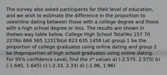 The survey also asked participants for their level of education, and we wish to estimate the difference in the proportion to useonline dating between those with a college degree and those with a high school degree or less. The results are shown in thetwo-way table below. College High School TotalYes 157 70 227No 666 565 1231Total 823 635 1458 Let group 1 be the proportion of college graduates using online dating and group 2 be theproportion of high school graduates using online dating. For 95% confidence Level, find the z* values a) (-2.575, 2.575) b) (-1.645, 1.645) c) (-2.33, 2.33) d) (-1.96, 1.96)