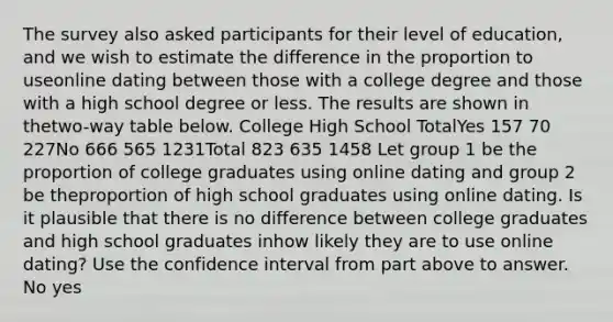 The survey also asked participants for their level of education, and we wish to estimate the difference in the proportion to useonline dating between those with a college degree and those with a high school degree or less. The results are shown in thetwo-way table below. College High School TotalYes 157 70 227No 666 565 1231Total 823 635 1458 Let group 1 be the proportion of college graduates using online dating and group 2 be theproportion of high school graduates using online dating. Is it plausible that there is no difference between college graduates and high school graduates inhow likely they are to use online dating? Use the confidence interval from part above to answer. No yes