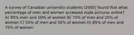 A survey of Canadian university students (2005) found that what percentage of men and women accessed nude pictures online? A) 95% men and 50% of women B) 75% of men and 25% of women C) 50% of men and 50% of women D) 85% of men and 75% of women