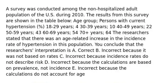 A survey was conducted among the non-hospitalized adult population of the U.S. during 2010. The results from this survey are shown in the table below: Age group; Persons with current hypertension (%) 18-29 years; 4 30-39 years; 10 40-49 years; 22 50-59 years; 43 60-69 years; 54 70+ years; 64 The researchers stated that there was an age-related increase in the incidence rate of hypertension in this population. You conclude that the researchers' interpretation is A. Correct B. Incorrect because it was not based on rates C. Incorrect because incidence rates do not describe risk D. Incorrect because the calculations are based on prevalence, not incidence E. Incorrect because the calculations do not account for age