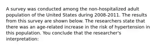 A survey was conducted among the non-hospitalized adult population of the United States during 2008-2011. The results from this survey are shown below. The researchers state that there was an age-related increase in the risk of hypertension in this population. You conclude that the researcher's interpretation: