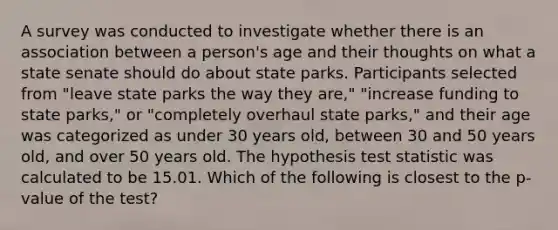 A survey was conducted to investigate whether there is an association between a person's age and their thoughts on what a state senate should do about state parks. Participants selected from "leave state parks the way they are," "increase funding to state parks," or "completely overhaul state parks," and their age was categorized as under 30 years old, between 30 and 50 years old, and over 50 years old. The hypothesis test statistic was calculated to be 15.01. Which of the following is closest to the p-value of the test?