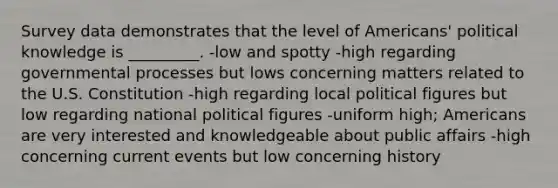 Survey data demonstrates that the level of Americans' political knowledge is _________. -low and spotty -high regarding governmental processes but lows concerning matters related to the U.S. Constitution -high regarding local political figures but low regarding national political figures -uniform high; Americans are very interested and knowledgeable about public affairs -high concerning current events but low concerning history