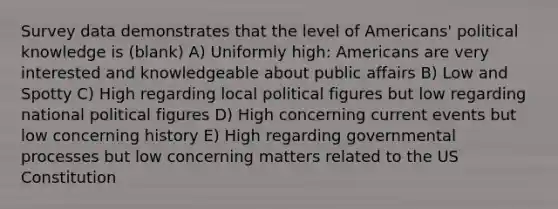 Survey data demonstrates that the level of Americans' political knowledge is (blank) A) Uniformly high: Americans are very interested and knowledgeable about public affairs B) Low and Spotty C) High regarding local political figures but low regarding national political figures D) High concerning current events but low concerning history E) High regarding governmental processes but low concerning matters related to the US Constitution