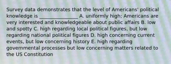 Survey data demonstrates that the level of Americans' political knowledge is ________________ A. uniformly high; Americans are very interested and knowledgeable about public affairs B. low and spotty C. high regarding local political figures, but low regarding national political figures D. high concerning current events, but low concerning history E. high regarding governmental processes but low concerning matters related to the US Constitution