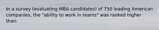 In a survey (evaluating MBA candidates) of 750 leading American companies, the "ability to work in teams" was ranked higher than: