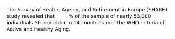 The Survey of Health, Ageing, and Retirement in Europe (SHARE) study revealed that _____% of the sample of nearly 53,000 individuals 50 and older in 14 countries met the WHO criteria of Active and Healthy Aging.