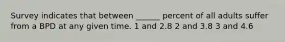 Survey indicates that between ______ percent of all adults suffer from a BPD at any given time. 1 and 2.8 2 and 3.8 3 and 4.6