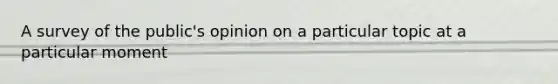 A survey of the public's opinion on a particular topic at a particular moment