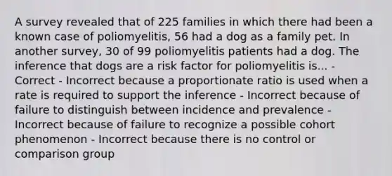 A survey revealed that of 225 families in which there had been a known case of poliomyelitis, 56 had a dog as a family pet. In another survey, 30 of 99 poliomyelitis patients had a dog. The inference that dogs are a risk factor for poliomyelitis is... - Correct - Incorrect because a proportionate ratio is used when a rate is required to support the inference - Incorrect because of failure to distinguish between incidence and prevalence - Incorrect because of failure to recognize a possible cohort phenomenon - Incorrect because there is no control or comparison group