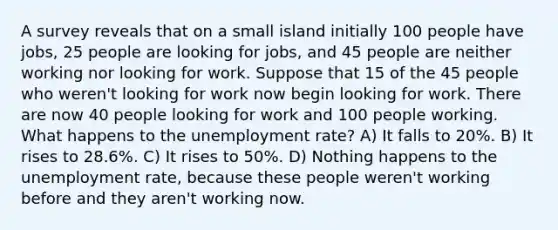 A survey reveals that on a small island initially 100 people have jobs, 25 people are looking for jobs, and 45 people are neither working nor looking for work. Suppose that 15 of the 45 people who weren't looking for work now begin looking for work. There are now 40 people looking for work and 100 people working. What happens to the unemployment rate? A) It falls to 20%. B) It rises to 28.6%. C) It rises to 50%. D) Nothing happens to the unemployment rate, because these people weren't working before and they aren't working now.