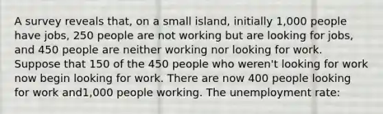 A survey reveals that, on a small island, initially 1,000 people have jobs, 250 people are not working but are looking for jobs, and 450 people are neither working nor looking for work. Suppose that 150 of the 450 people who weren't looking for work now begin looking for work. There are now 400 people looking for work and1,000 people working. The unemployment rate: