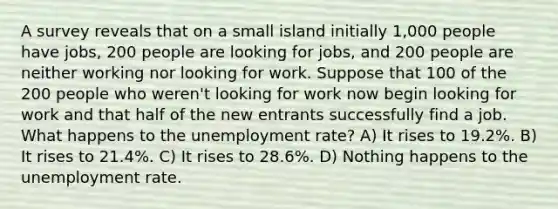 A survey reveals that on a small island initially 1,000 people have jobs, 200 people are looking for jobs, and 200 people are neither working nor looking for work. Suppose that 100 of the 200 people who weren't looking for work now begin looking for work and that half of the new entrants successfully find a job. What happens to the unemployment rate? A) It rises to 19.2%. B) It rises to 21.4%. C) It rises to 28.6%. D) Nothing happens to the unemployment rate.