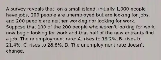 A survey reveals that, on a small island, initially 1,000 people have jobs, 200 people are unemployed but are looking for jobs, and 200 people are neither working nor looking for work. Suppose that 100 of the 200 people who weren't looking for work now begin looking for work and that half of the new entrants find a job. The unemployment rate: A. rises to 19.2%. B. rises to 21.4%. C. rises to 28.6%. D. The unemployment rate doesn't change.