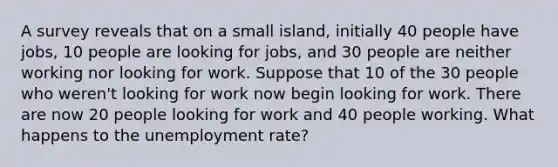 A survey reveals that on a small island, initially 40 people have jobs, 10 people are looking for jobs, and 30 people are neither working nor looking for work. Suppose that 10 of the 30 people who weren't looking for work now begin looking for work. There are now 20 people looking for work and 40 people working. What happens to the unemployment rate?