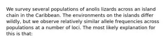 We survey several populations of anolis lizards across an island chain in the Caribbean. The environments on the islands differ wildly, but we observe relatively similar allele frequencies across populations at a number of loci. The most likely explanation for this is that: