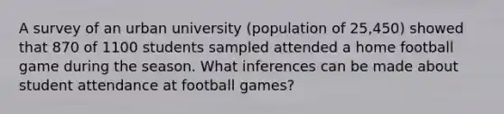 A survey of an urban university (population of 25,450) showed that 870 of 1100 students sampled attended a home football game during the season. What inferences can be made about student attendance at football games?