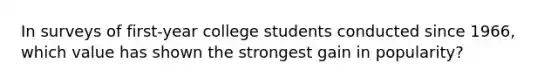 In surveys of first-year college students conducted since 1966, which value has shown the strongest gain in popularity?