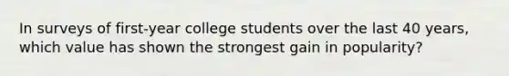 In surveys of first-year college students over the last 40 years, which value has shown the strongest gain in popularity?