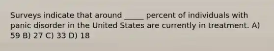 Surveys indicate that around _____ percent of individuals with panic disorder in the United States are currently in treatment. A) 59 B) 27 C) 33 D) 18