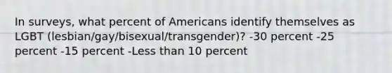 In surveys, what percent of Americans identify themselves as LGBT (lesbian/gay/bisexual/transgender)? -30 percent -25 percent -15 percent -Less than 10 percent