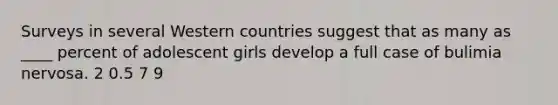 Surveys in several Western countries suggest that as many as ____ percent of adolescent girls develop a full case of bulimia nervosa. 2 0.5 7 9