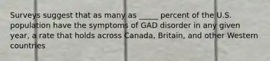 Surveys suggest that as many as _____ percent of the U.S. population have the symptoms of GAD disorder in any given year, a rate that holds across Canada, Britain, and other Western countries