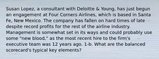 Susan Lopez, a consultant with Deloitte & Young, has just begun an engagement at Four Corners Airlines, which is based in Santa Fe, New Mexico. The company has fallen on hard times of late despite record profits for the rest of the airline industry. Management is somewhat set in its ways and could probably use some "new blood," as the most recent hire to the firm's executive team was 12 years ago. 1-b. What are the balanced scorecard's typical key elements?