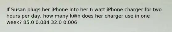 If Susan plugs her iPhone into her 6 watt iPhone charger for two hours per day, how many kWh does her charger use in one week? 85.0 0.084 32.0 0.006