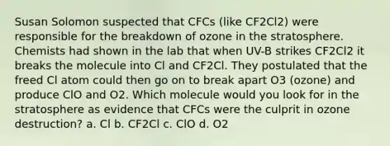 Susan Solomon suspected that CFCs (like CF2Cl2) were responsible for the breakdown of ozone in the stratosphere. Chemists had shown in the lab that when UV-B strikes CF2Cl2 it breaks the molecule into Cl and CF2Cl. They postulated that the freed Cl atom could then go on to break apart O3 (ozone) and produce ClO and O2. Which molecule would you look for in the stratosphere as evidence that CFCs were the culprit in ozone destruction? a. Cl b. CF2Cl c. ClO d. O2