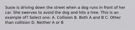 Susie is driving down the street when a dog runs in front of her car. She swerves to avoid the dog and hits a tree. This is an example of? Select one: A. Collision B. Both A and B C. Other than collision D. Neither A or B