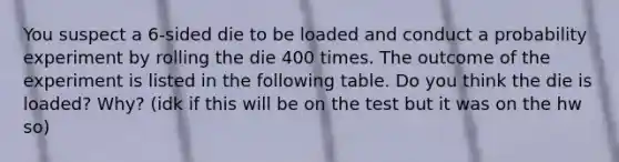 You suspect a​ 6-sided die to be loaded and conduct a probability experiment by rolling the die 400 times. The outcome of the experiment is listed in the following table. Do you think the die is​ loaded? Why? (idk if this will be on the test but it was on the hw so)