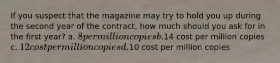 If you suspect that the magazine may try to hold you up during the second year of the contract, how much should you ask for in the first year? a. 8 per million copies b.14 cost per million copies c. 12 cost per million copies d.10 cost per million copies